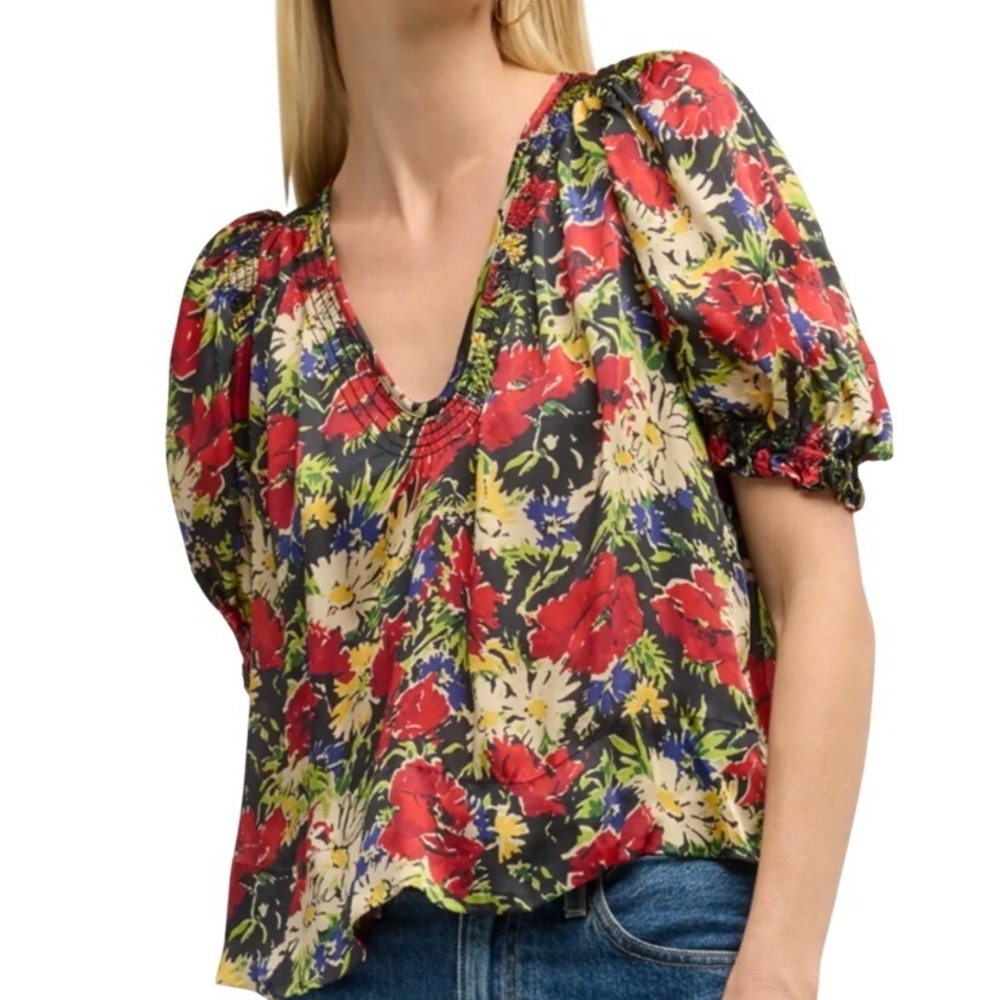 The Great Ponder Top Hidden‎ Garden Floral Smocked V-Neck Puff Sleeve Blouse L